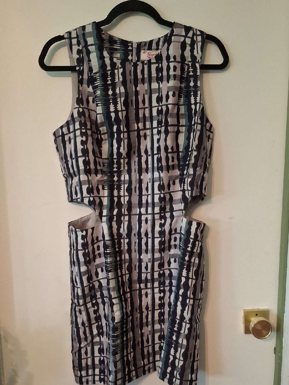 Original Penguin Sleeveless Cutout Sheath Dress in Navy, Gray and Light Blue